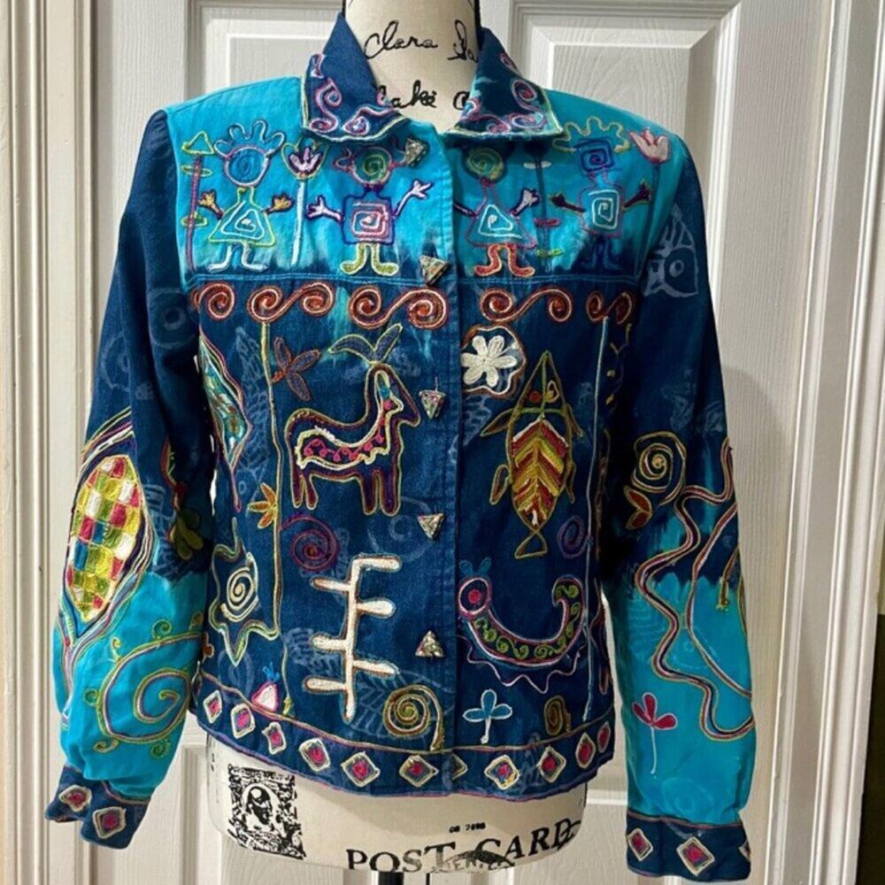 Y2K 90'S SANDY STARKMAN JACKET DEMIN TRIBAL EMBROIDERED SZ S HIPPIE‎ BOHO CORE